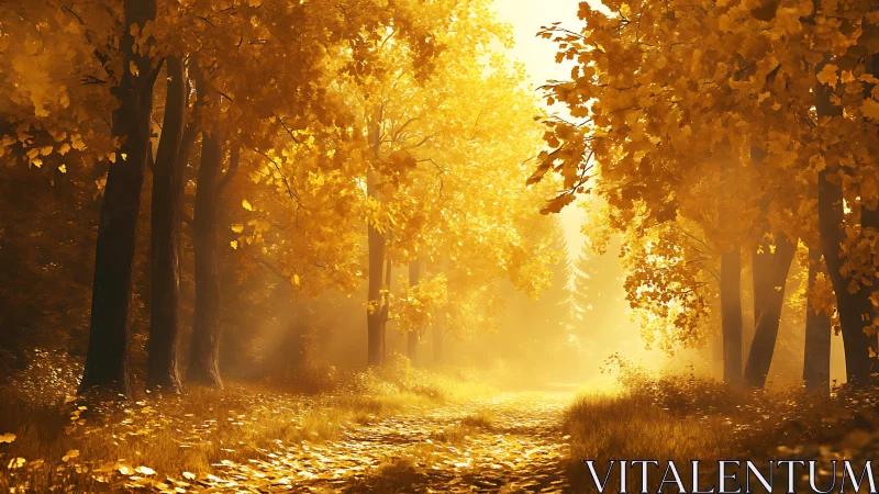 Backlit deciduous forest path under dense golden foliage glow