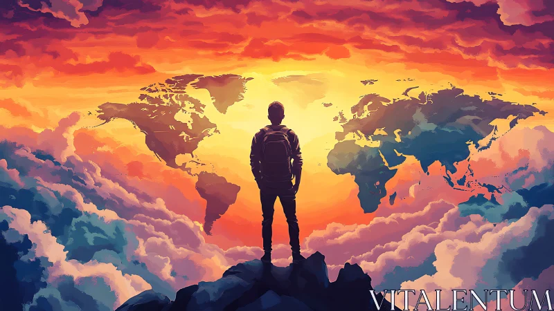 Backpacker silhouetted against cartographic sunrise sky panorama.