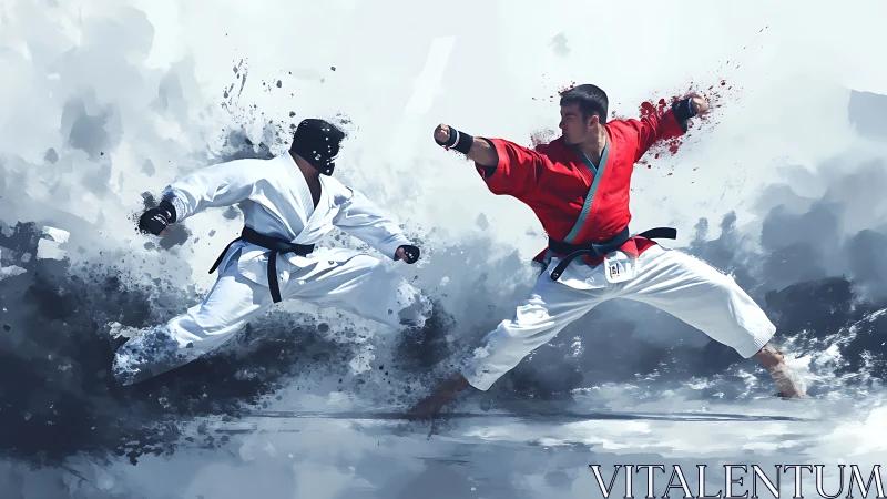 Martial artists engaged in dynamic sparring exchange.