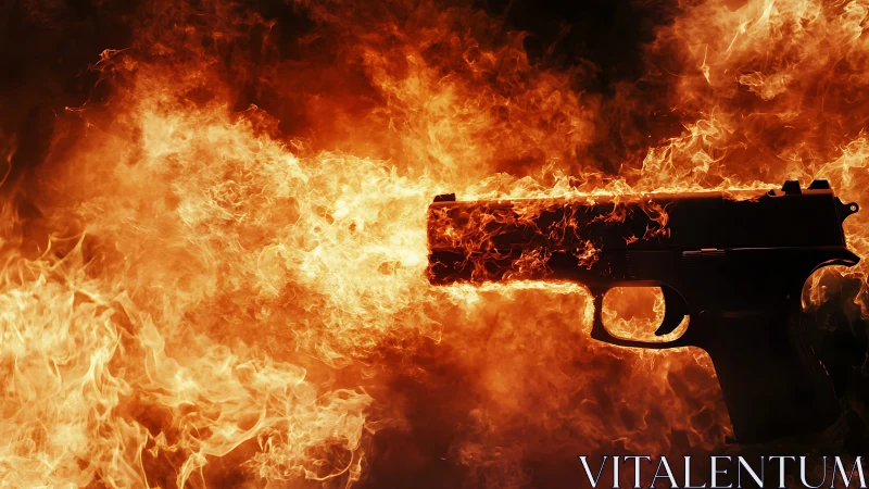 Silhouetted Semiautomatic Pistol Engulfed in Turbulent Photorealistic Flame Environment
