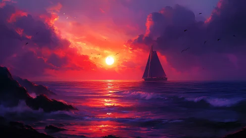 Sailboat crosses vivid sunset sea under glowing crimson clouds