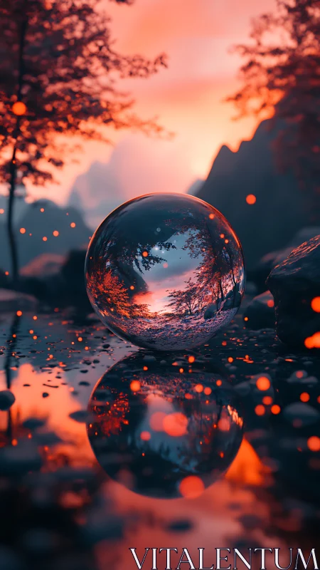 Crystal dusk sphere quietly bends a flaming forest sky