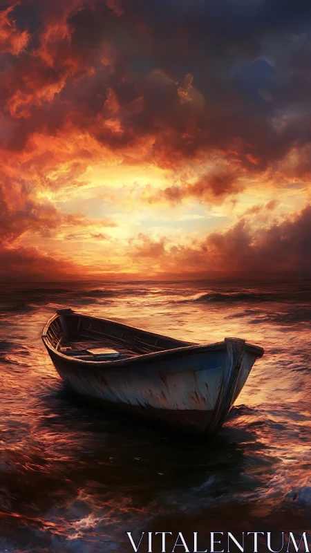 Weathered wooden rowboat adrift on luminous sunset surf