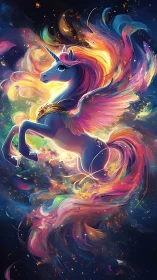 Starborne rainbow pegasus-unicorn swirling through nebulae.