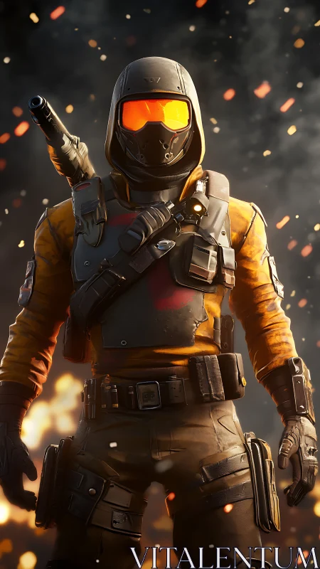 Armored tactical soldier stands amid sparks and flames