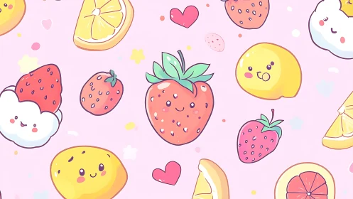 Smiling strawberries conduct a pastel fruit parade on pink