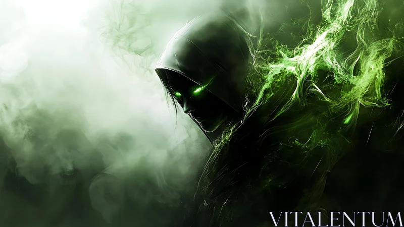 Hooded spectral figure with glowing green eyes in smoke