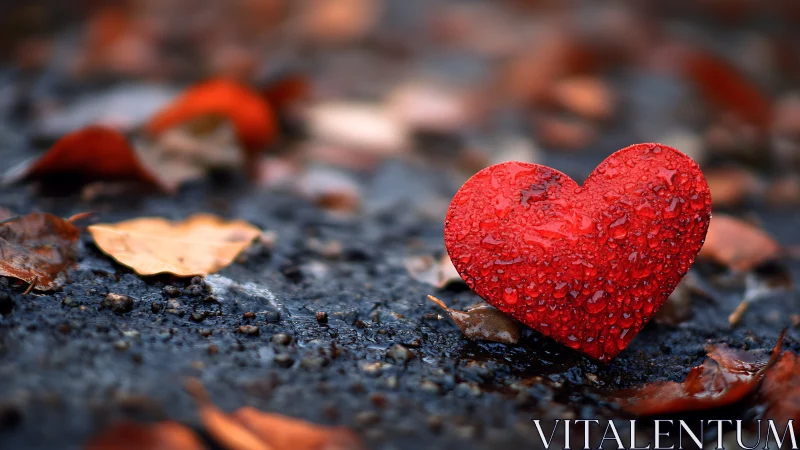 Red heart-shaped object displays water droplets on darkened surface.