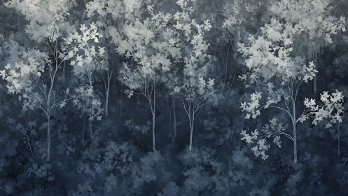 Monochromatic Forest Canopy. Tall Trees Bathed White.
