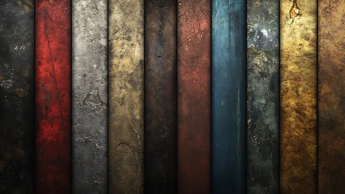 Weathered metal stripes in rich rustic jewel tones glow softly.