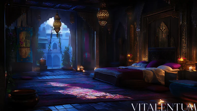 Interior view shows dim bedroom with archway to courtyard