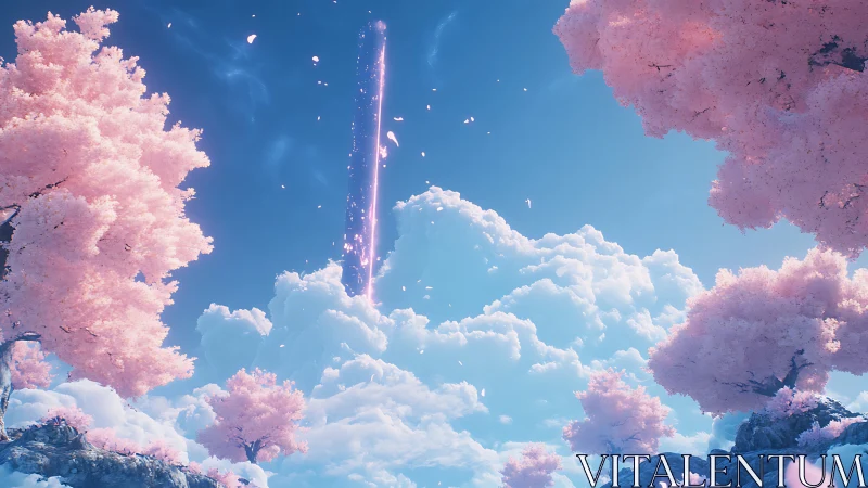 Pink-leaf trees around cloudscape with vertical light beam.