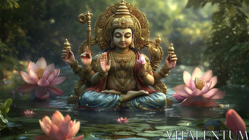 Seated multi-armed deity statue occupies lotus pond environment