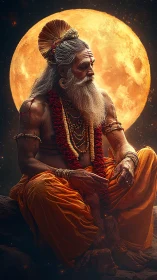 Mystic sage under full moon with glowing celestial backdrop.