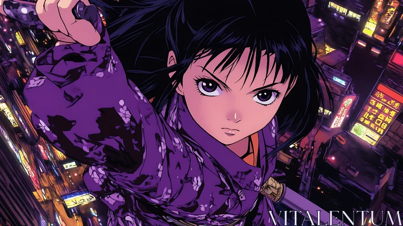 Female sword wielder above neon city nightscape vantage.