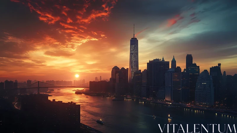Sunset skyline glows over riverfront city towers and bridges.