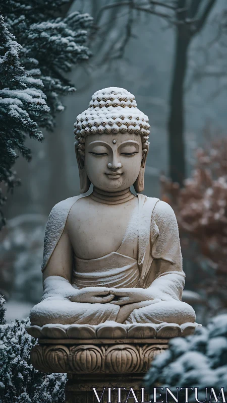 Soft winter snow rests quietly on a peaceful Buddha statue