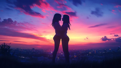 Digital painting silhouette couple at dusk skyline horizon.