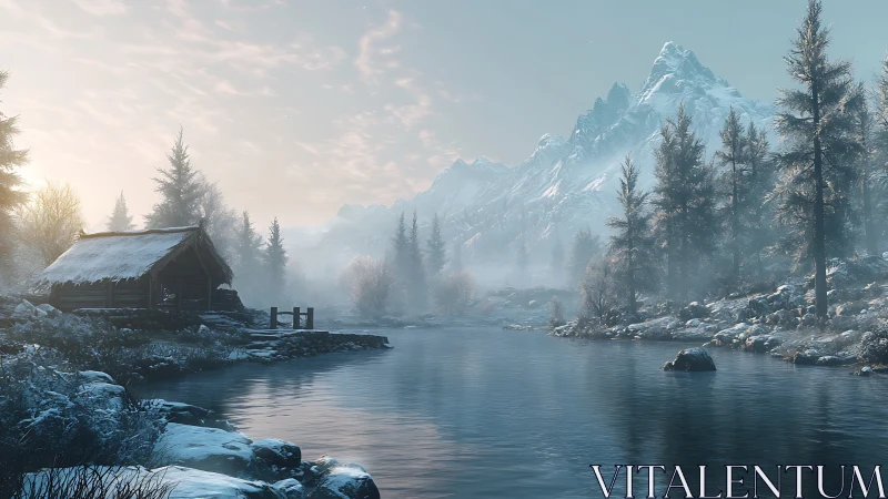 Quiet winter cabin nestles beside a calm mountain river