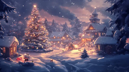 Illuminated alpine village under snowfall with festive luminance.