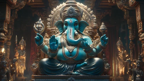 Serene blue Ganesha statue in a softly glowing golden shrine.