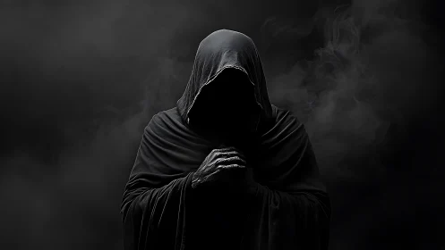 Hooded reaper silhouette emerging from swirling smoke.