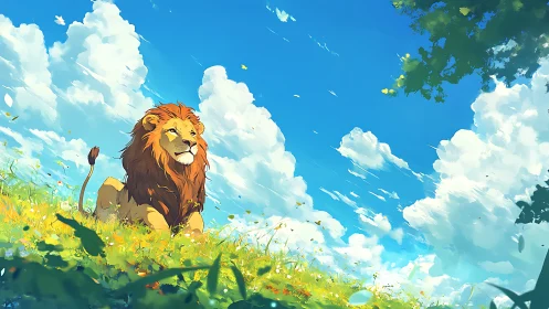 Majestic lion resting on sunlit meadow under vivid sky.