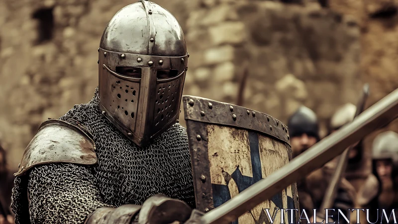 Armored medieval knight holding shield in battle stance.