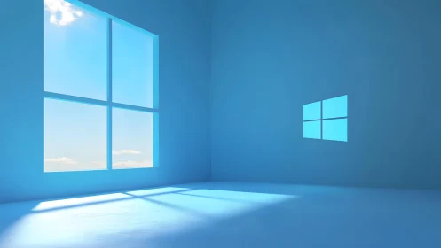 Minimalist blue room with large window and digital window symbol.
