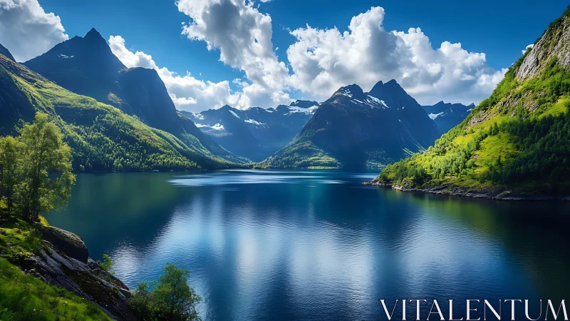Mountain fjord lake under dramatic clouds and vivid greenery.