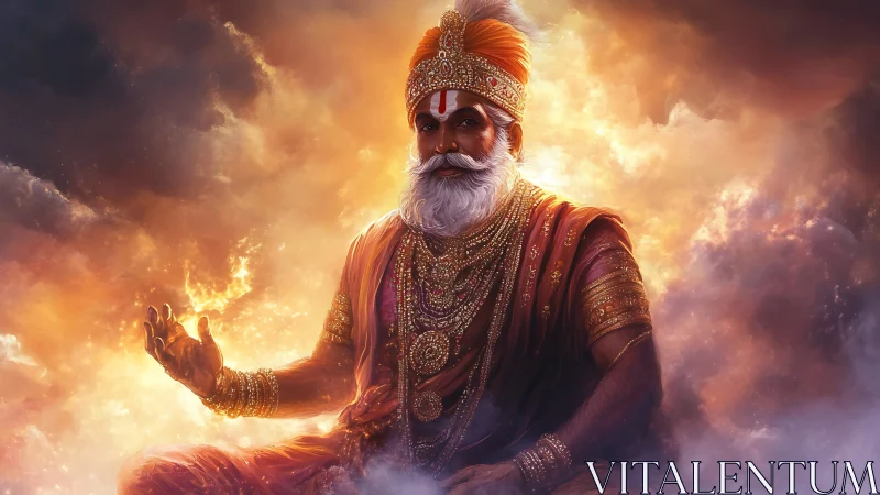 Radiant sage in celestial clouds embodies divine serenity.