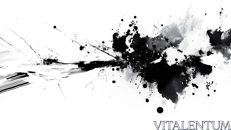 Dynamic black ink splatter abstract art on white background.