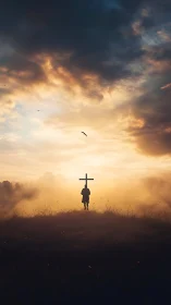 Lone hilltop pilgrim cradles a cross in waking gold sky.