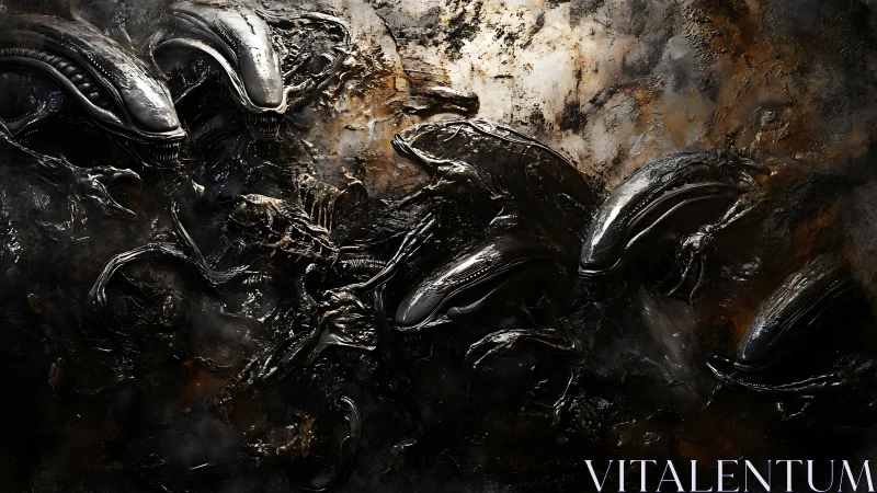 Alien biomechanical swarm emerges from dark, molten wall.