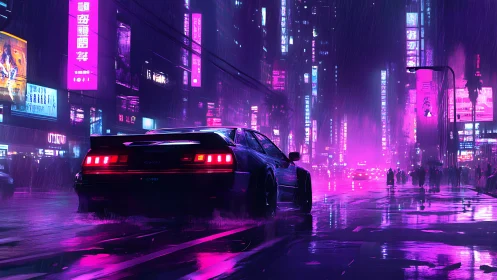 Neon night drive through a rainy electric city street.