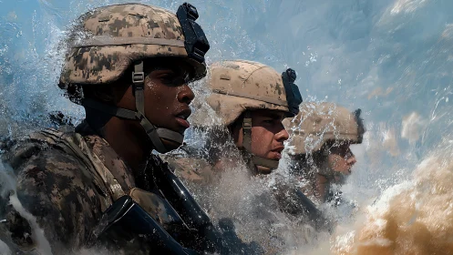 Soldiers in combat gear move forward through breaking surf