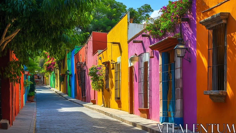 Colorful colonial street with sunlit facades and flowers.