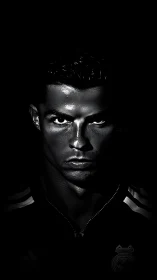 Intense monochrome athletic portrait in deep chiaroscuro lighting.