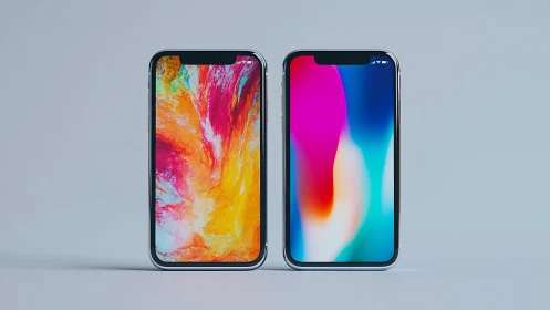 Two modern smartphones with colorful abstract screens.