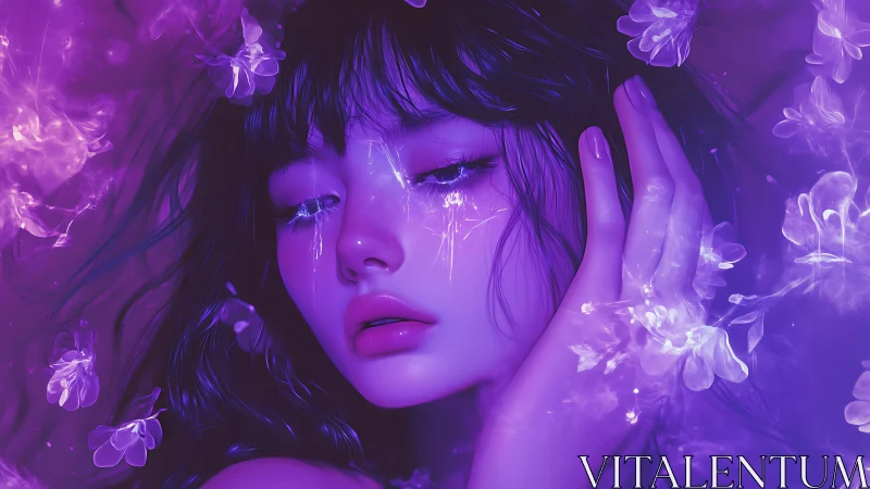 Neon-lit girl in violet dreamscape with ethereal tears.