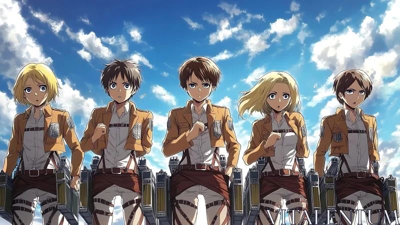 Five uniformed anime soldiers stand aligned under cloudy sky