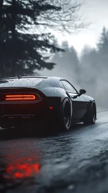 Photorealistic muscle car in cinematic wet forest roadway scene.