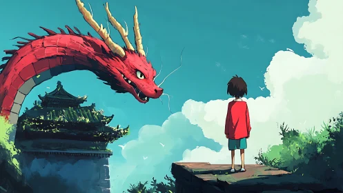 Red dragon and child stand opposite on elevated outdoor ledge