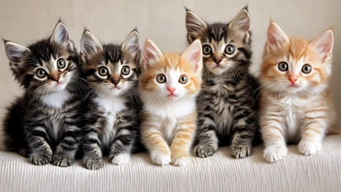 Five adorable kittens lined up in a heartwarming group portrait.