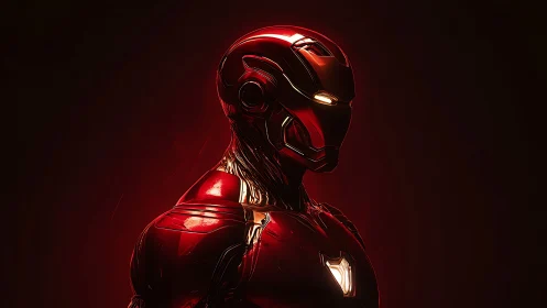 Armored red sci fi warrior in glowing helmet profile.