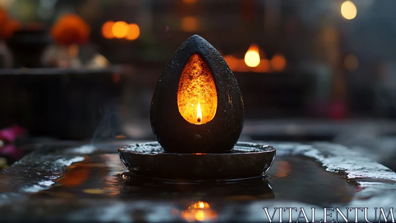 Stone oil lamp with central flame on reflective wet surface.