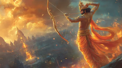 Mythic archer in ornate attire overlooking burning cityscape.
