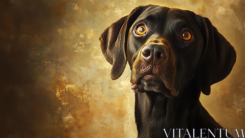 Black dog portrait with intense amber eyes on warm background.