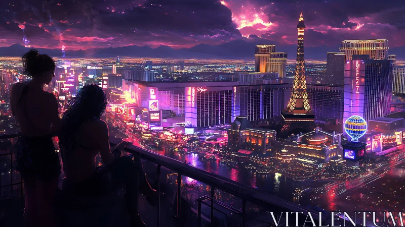 Neon drenched Las Vegas strip viewed from high balcony