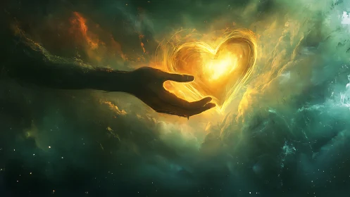 Hand Holding Luminous Heart Form Against Celestial Background